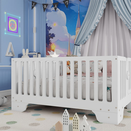 Full Size Montessori Floor Bed Frame with Safety Rails and Removable Door, Low Profile Kids Bed with Slatted Support