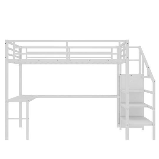 Queen Size Esports Gaming & Work Loft Bed with L-Shaped Desk, USB, LED, Wardrobe and Adjustable Shelf, Versatile Metal Bed Frame