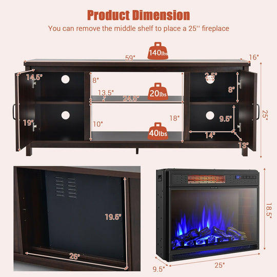 59'' Fireplace TV Stand W/ 25'' 1350W Electric Fireplace Heater