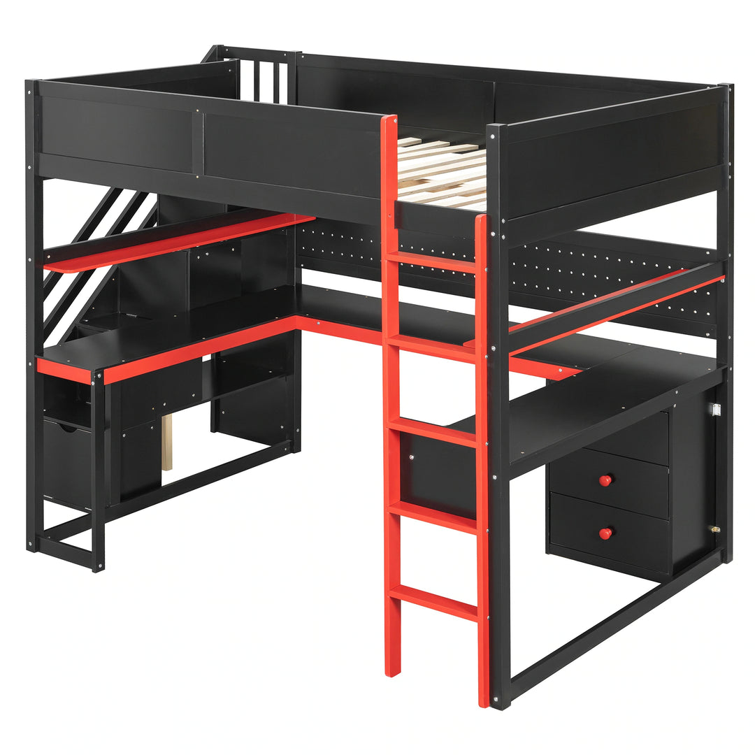 Full Size Wooden Gaming Loft Bed with Storage Stairs, Desk, Shelves and Pegboard