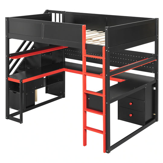 Full Size Wooden Gaming Loft Bed with Storage Stairs, Desk, Shelves and Pegboard