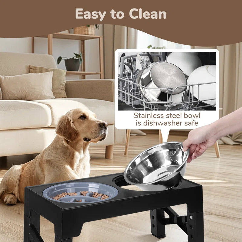 Elevated Dog Bowls, Dog Feeder with Stainless Steel Bowl & Slow Feeder Dog Bowl, 5 Heights Adjustable Raised Dog Bowls Stand