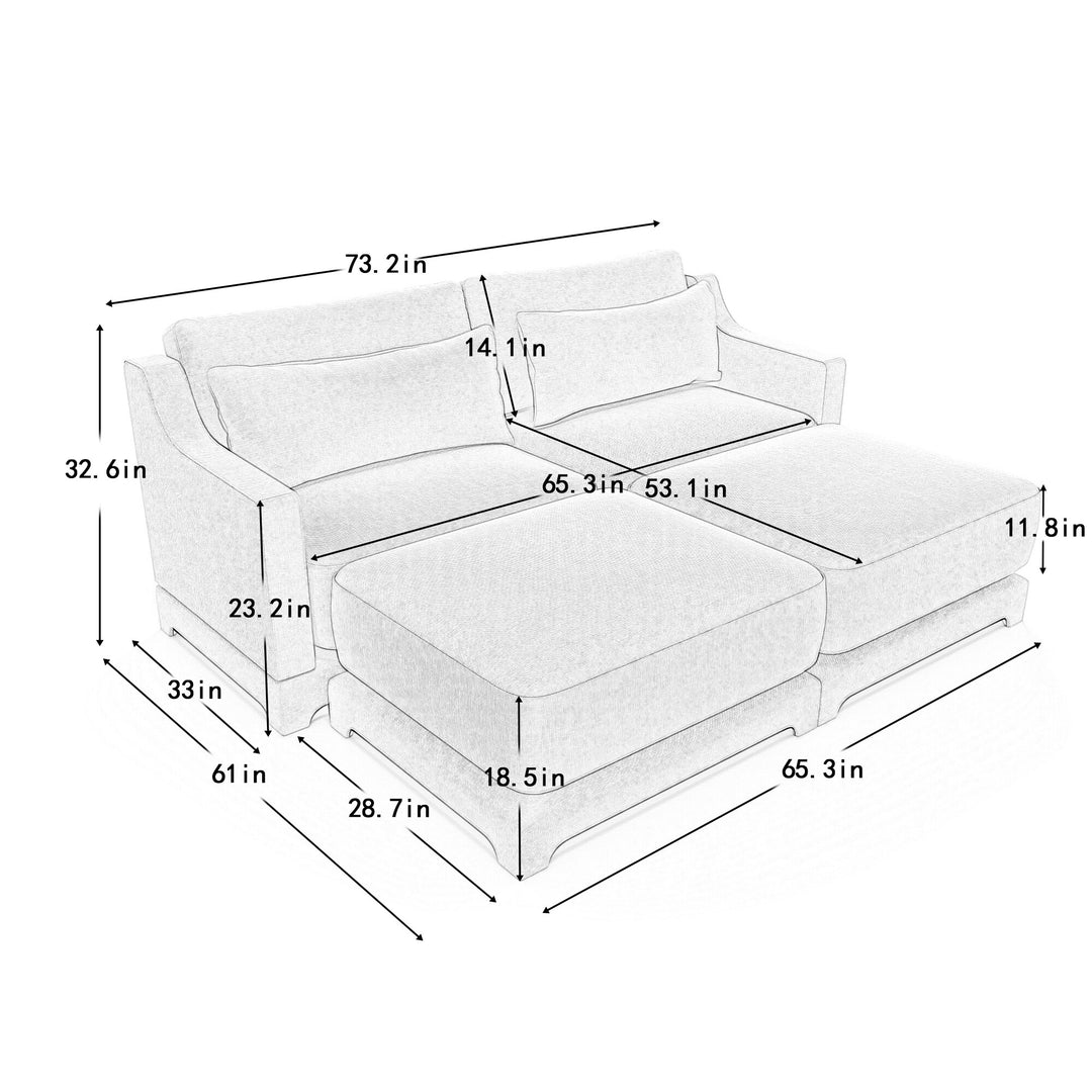 Modern Chenille 4-Seater Sofa with 2 Ottoman, Lumbar Cushions, Ergonomic Backrest, High-Resilience Spongeand Tufted Armrests