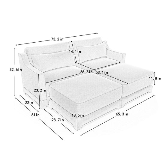 Modern Chenille 4-Seater Sofa with 2 Ottoman, Lumbar Cushions, Ergonomic Backrest, High-Resilience Spongeand Tufted Armrests