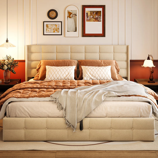 Lift up Storage Bed Frame, Upholstered Platform Bed Frame with Hydraulic Storage System and Headboard