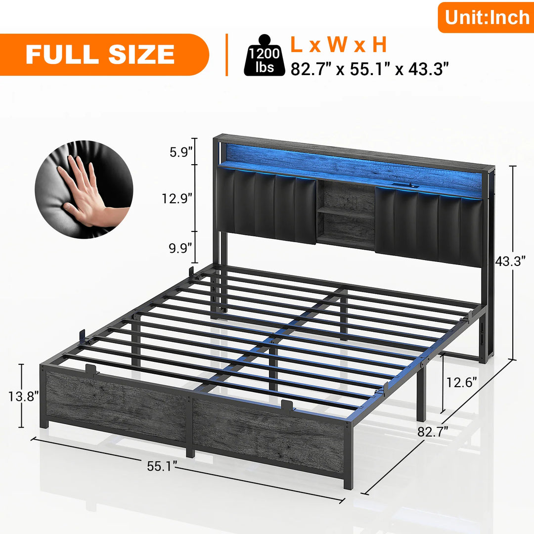 Upholstered Bed Frame with Storage Shelving, Platform Beds with Charge Station and LED Lights