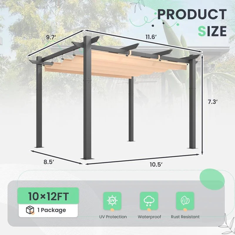 10' X 13' Outdoor Pergola with Retractable Canopy, Heavy-Duty Metal Frame and Adjustable Patio Shade Roof