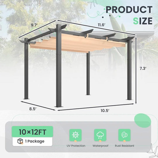 10' X 13' Outdoor Pergola with Retractable Canopy, Heavy-Duty Metal Frame and Adjustable Patio Shade Roof
