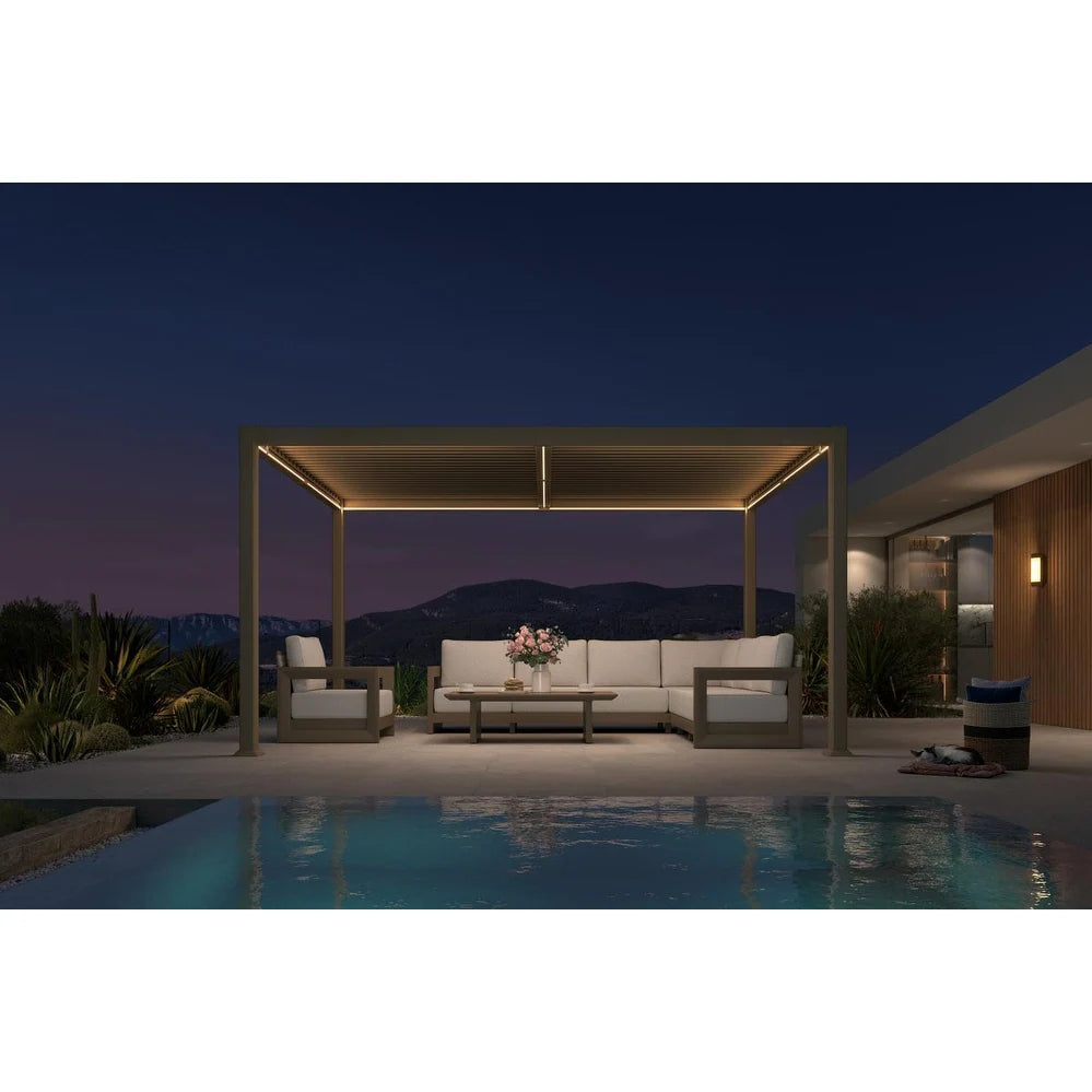 Solar Louvered Pergola with LED String Lights Aluminum Outdoor Pergola with Adjustable Roof for Patio Garden