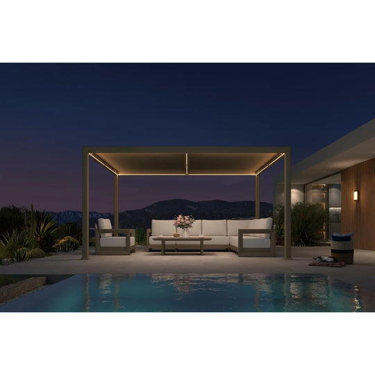Solar Louvered Pergola with LED String Lights Aluminum Outdoor Pergola with Adjustable Roof for Patio Garden