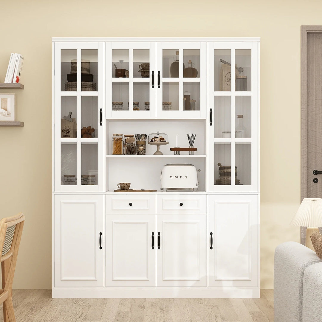 78.7"H Combo Buffet Sideboard White Curio Bookcase Cabinet Glass Door
