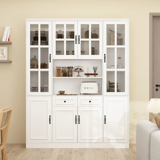 78.7"H Combo Buffet Sideboard White Curio Bookcase Cabinet Glass Door