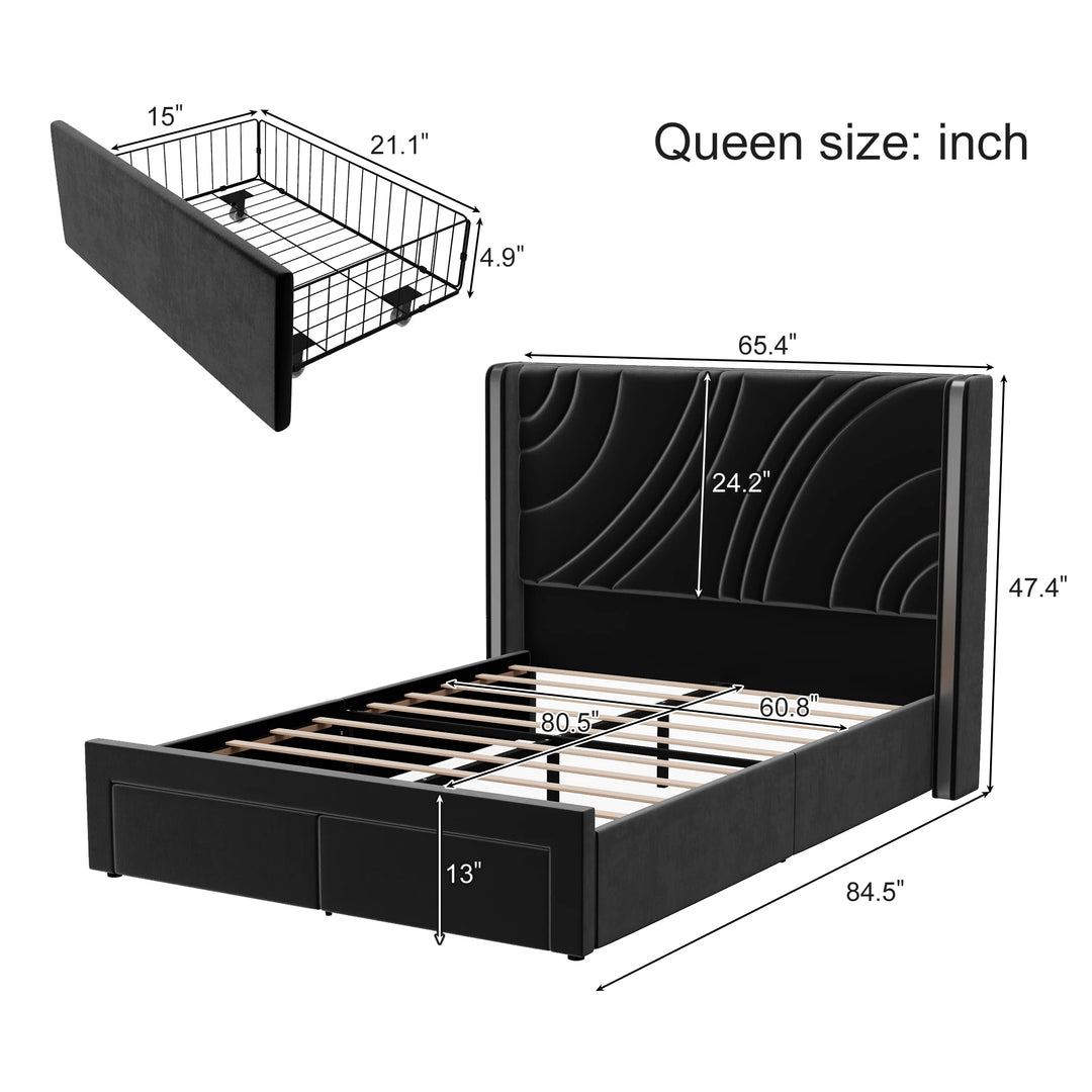 Velvet Upholstered Platform Bed with Smart Ambient Strip Lights Wingback Headboard and Endbed Pull-Out Storage Drawers
