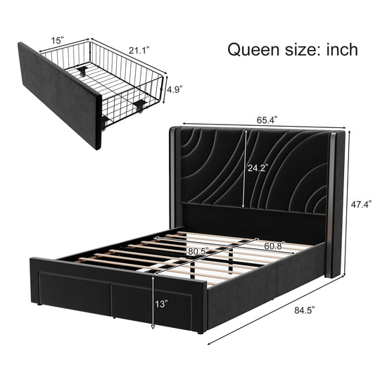 Velvet Upholstered Platform Bed with Smart Ambient Strip Lights Wingback Headboard and Endbed Pull-Out Storage Drawers