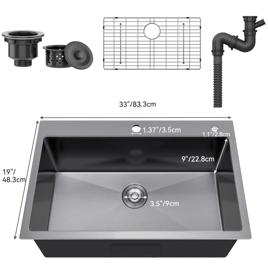 33 Inch Drop in Kitchen Sink Top Mount Stainless Steel Black Sink W/Sink Protector Single Bowl Drop-In Sink for Workstation