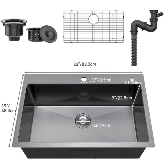 33 Inch Drop in Kitchen Sink Top Mount Stainless Steel Black Sink W/Sink Protector Single Bowl Drop-In Sink for Workstation