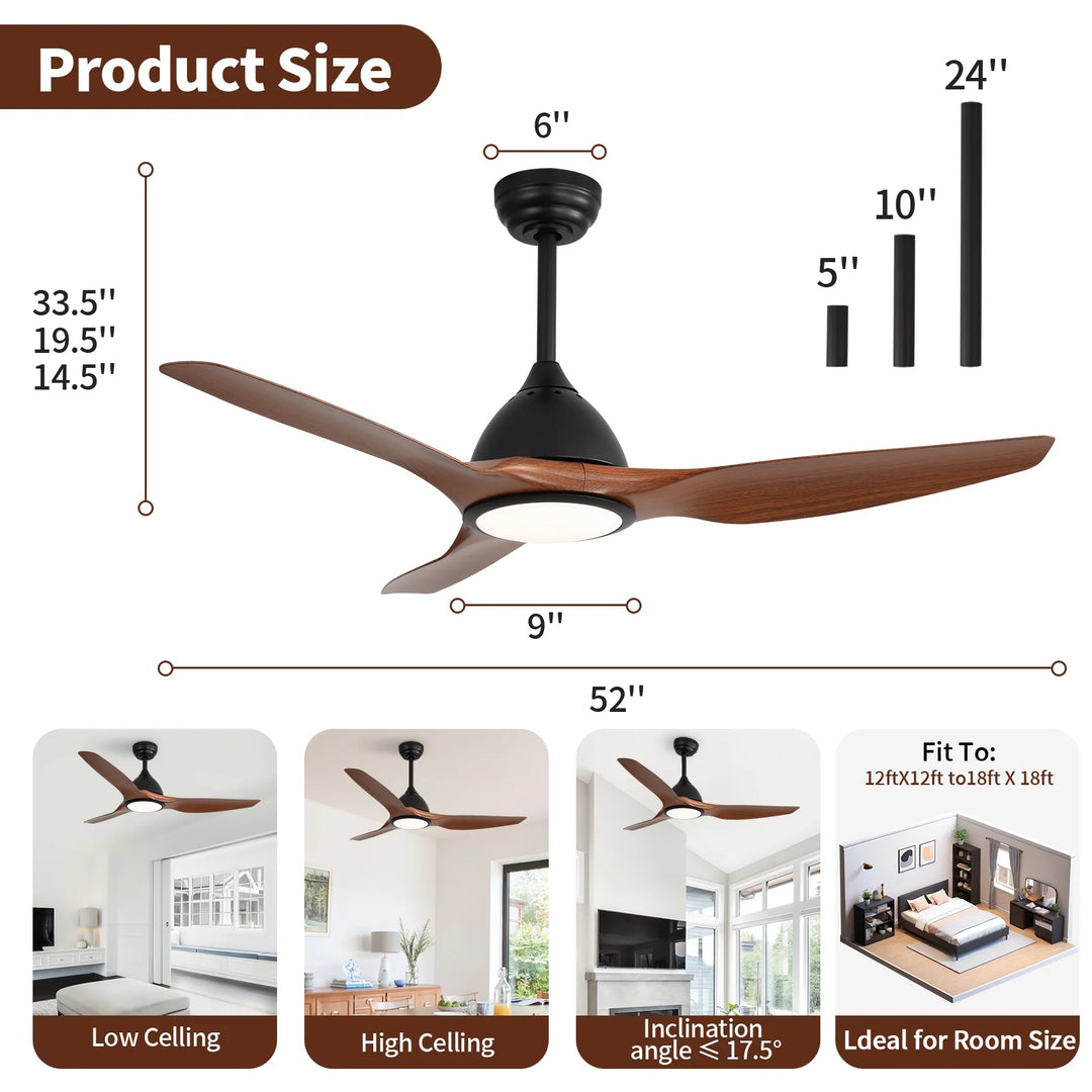 Sofucor 42"/48"/ 52"/60"Noiseless Walnut Wood Ceiling Fan with Remote Control, Integrated Light Optional