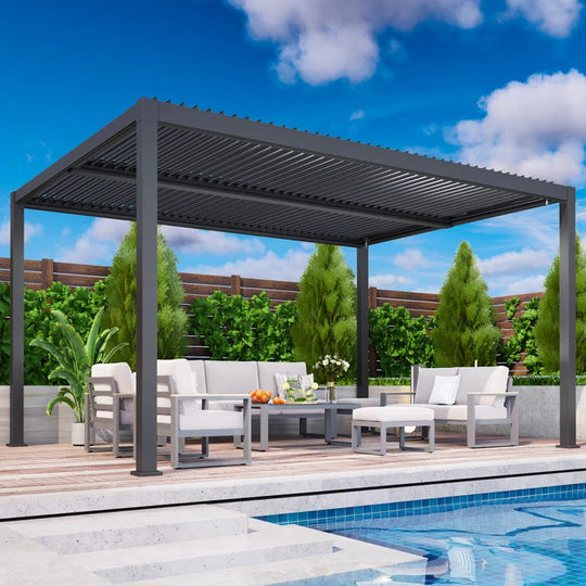 All Weather Pergola with Curtains & Netting, Dark Gray