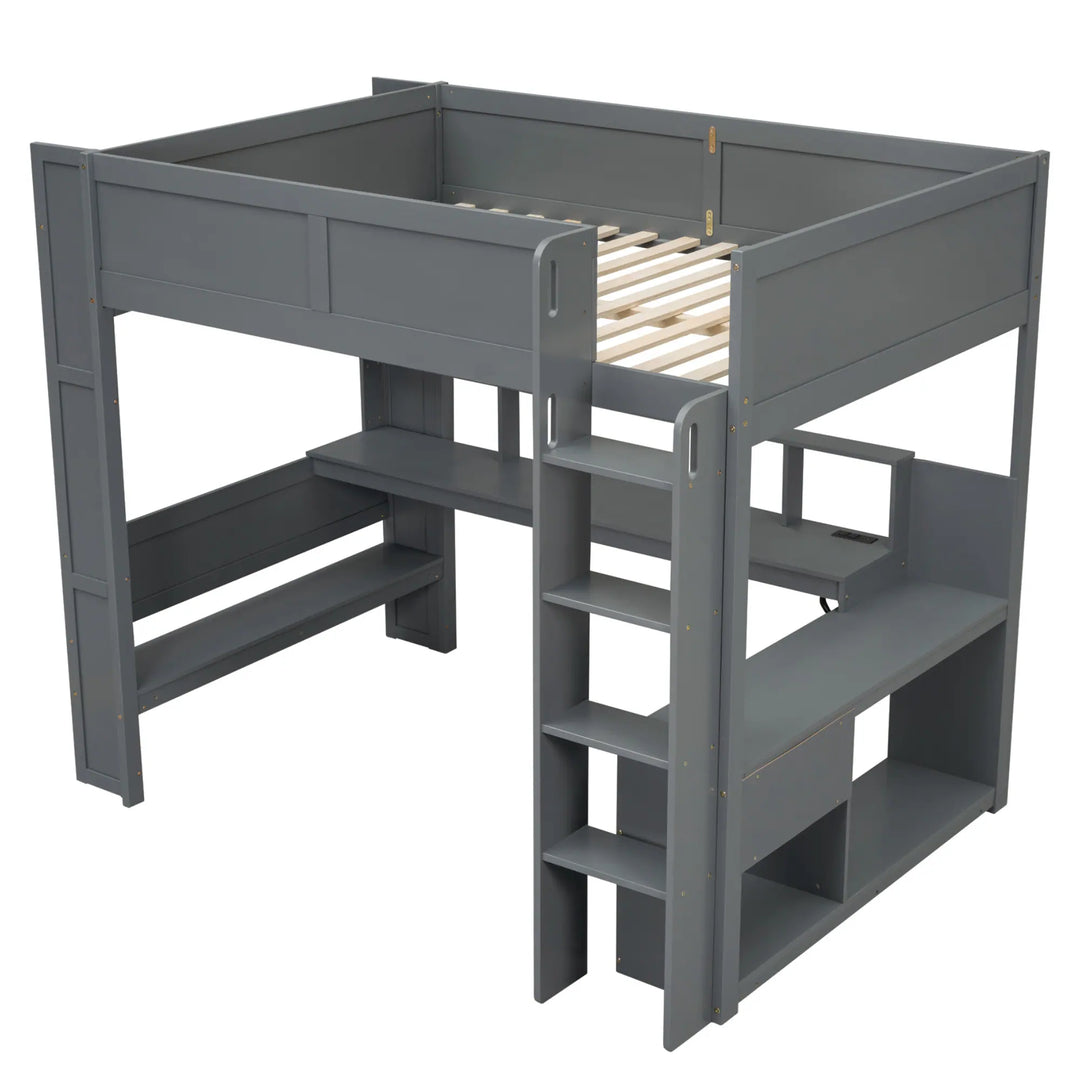 Full Size Gaming Loft Bed with Desk, Multi-Storage Shelves, LED and Charging Station, Dark Design
