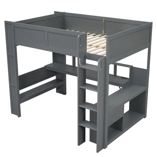 Full Size Gaming Loft Bed with Desk, Multi-Storage Shelves, LED and Charging Station, Dark Design