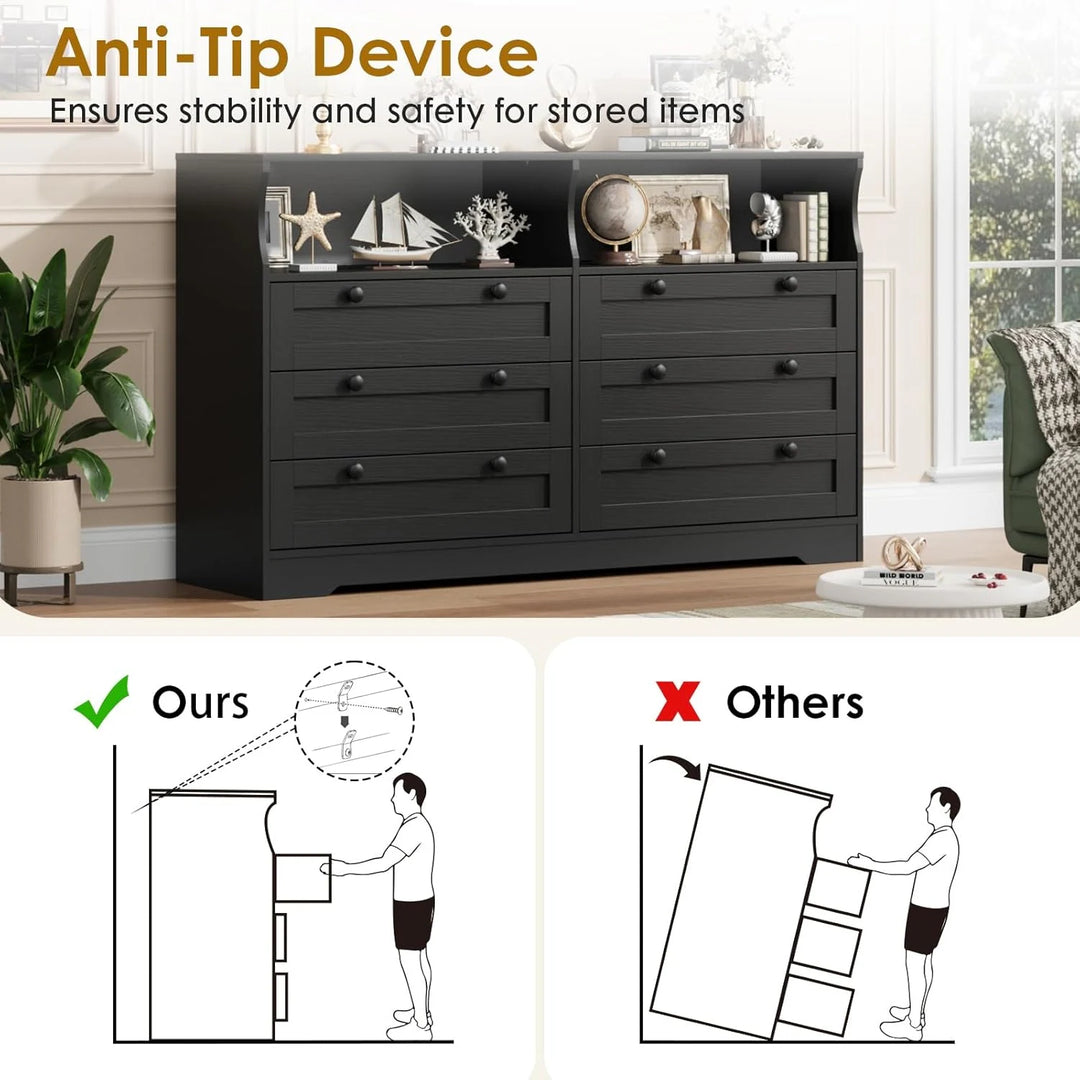 55" Black 6-Drawer Wood Dresser, Modern Storage Organizer for Bedroom, Living Room, Closet & Entryway