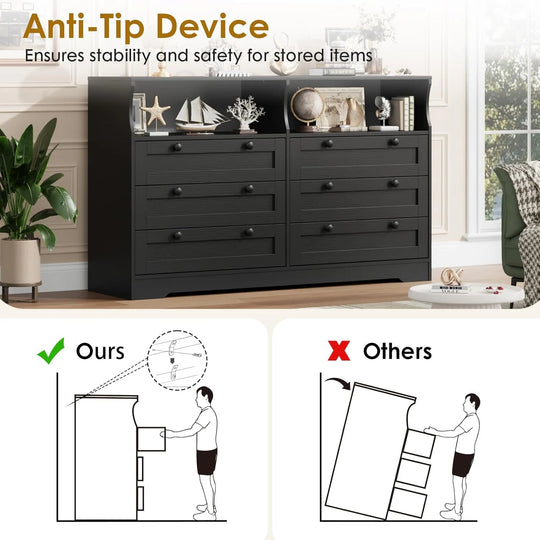 55" Black 6-Drawer Wood Dresser, Modern Storage Organizer for Bedroom, Living Room, Closet & Entryway