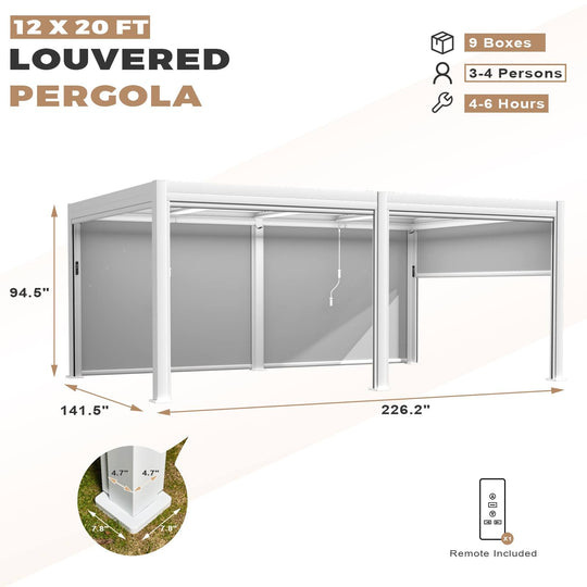 Outdoor Louvered Pergola Gazebo with Adjustable Aluminum Rainproof Roof and Pull-Down Screen