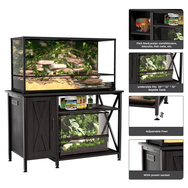 40-120 Gallon Reptile Tank Stand with Power Outlet, Terrarium Stand with Storage Cabinet, 48" X 24" Tabletop