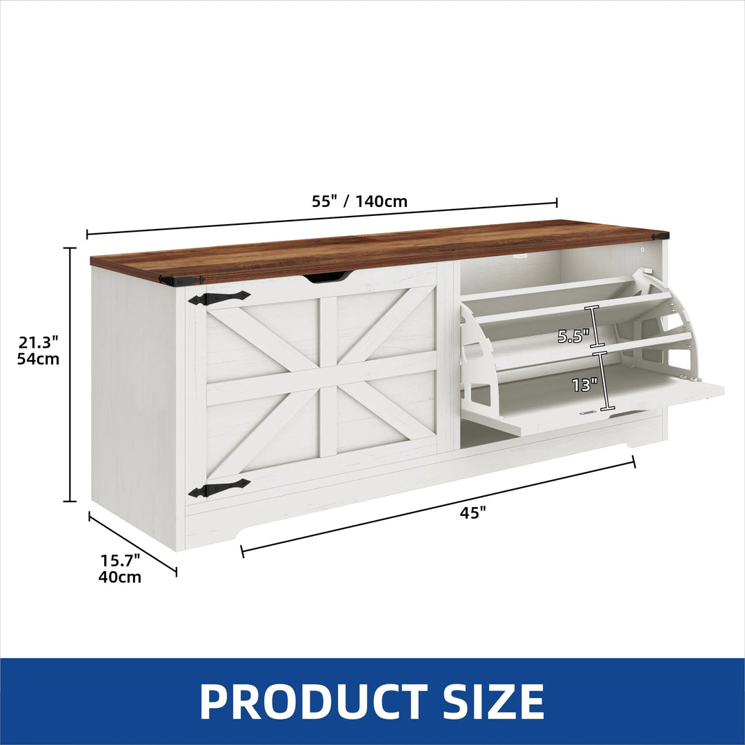 Farmhouse Shoe Storage Bench and Shoe Cabinet with Flip Drawer & Flip-Top Storage