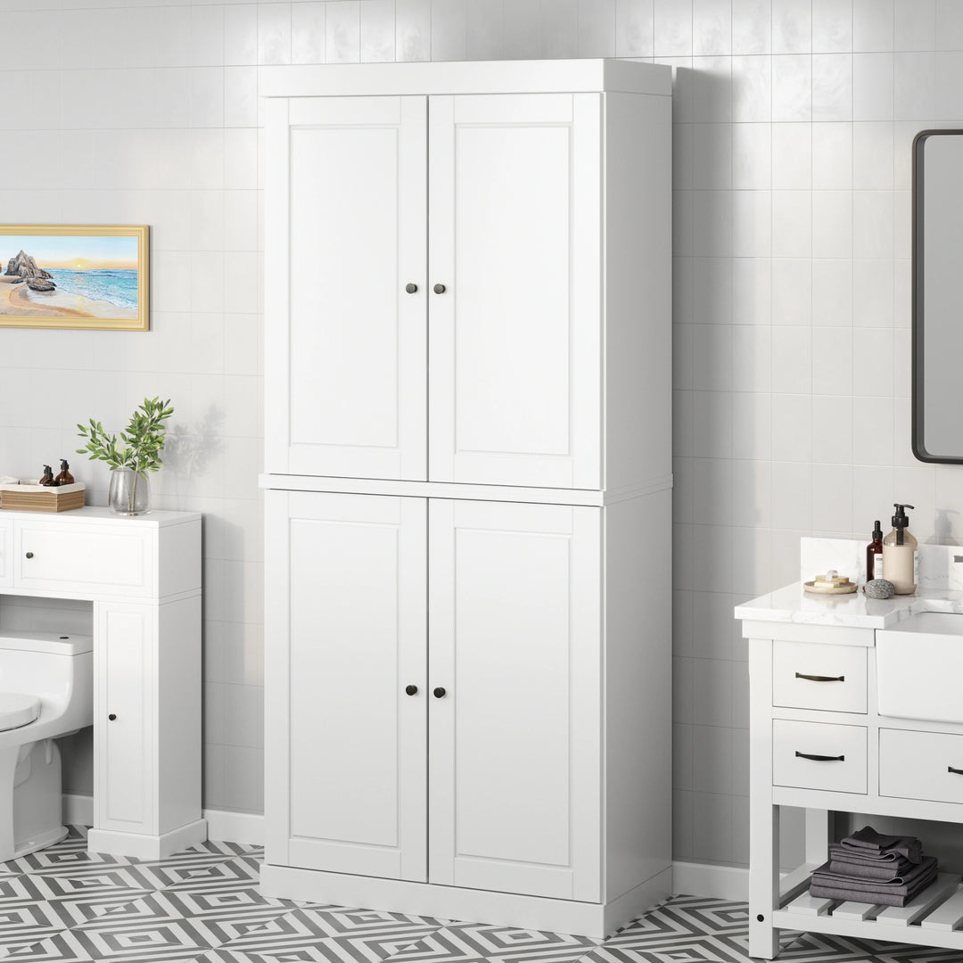 100% Solid Wood Bathroom & Laundry Storage Cabinet, Raised Panel Doors, Adjustable Shelves, 32" Wide, 71.5" Tall