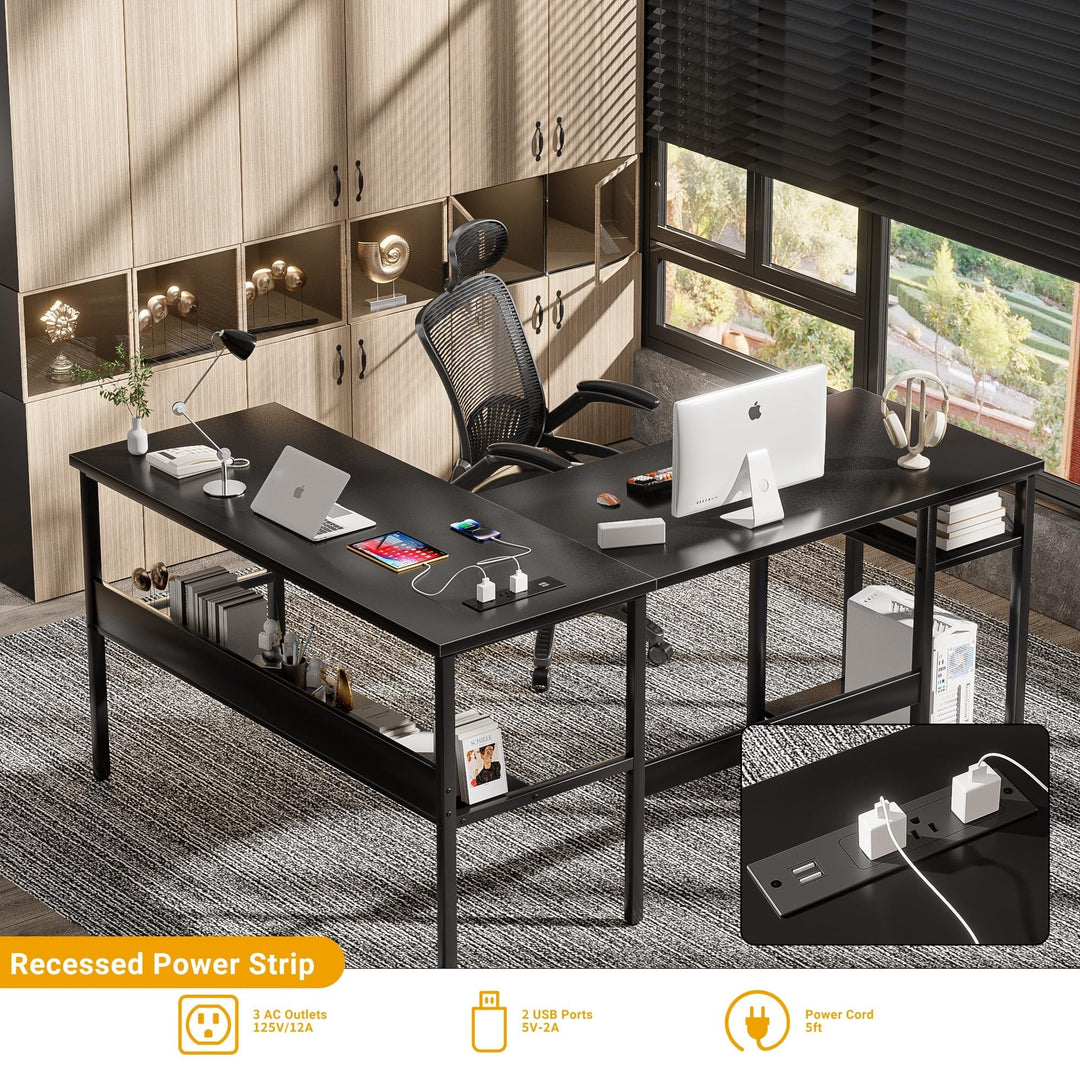 Reversible L Shaped Desk with Storage Shelves, Home Office Corner Desk with Charge Station