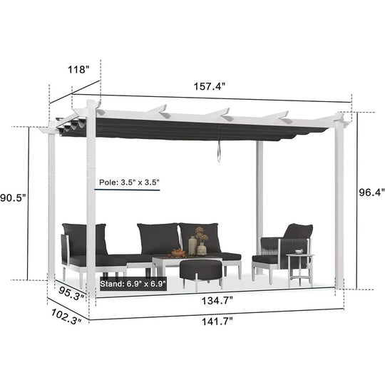 Gazebo Outdoor Retractable White Heavy-Duty Aluminum Pergola with Extra Top Roof