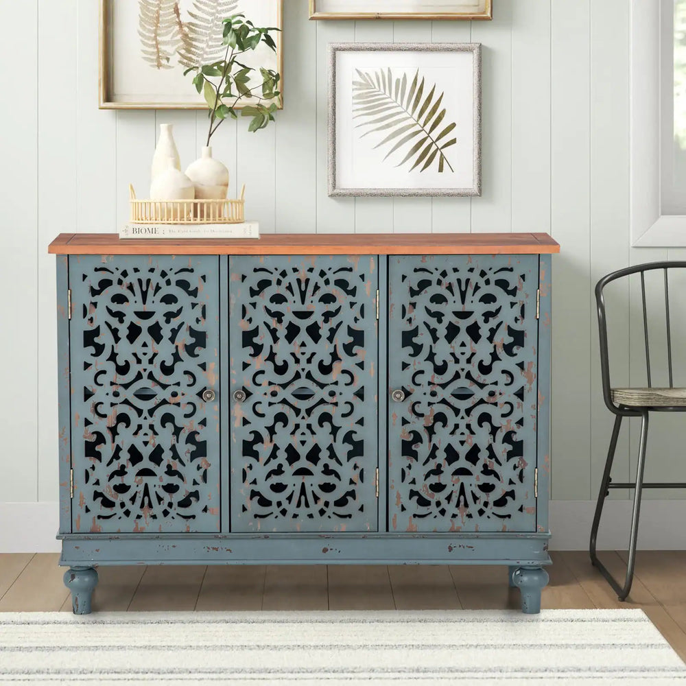 Retro Antique Hollow-Carved 3-Door Storage Cabinet