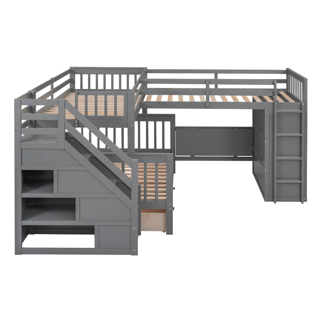 L-Shaped Bunk Bed with Three Drawers, Portable Desk and Wardrobe, Twin-Twin over Full Design