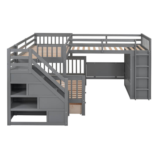 L-Shaped Bunk Bed with Three Drawers, Portable Desk and Wardrobe, Twin-Twin over Full Design