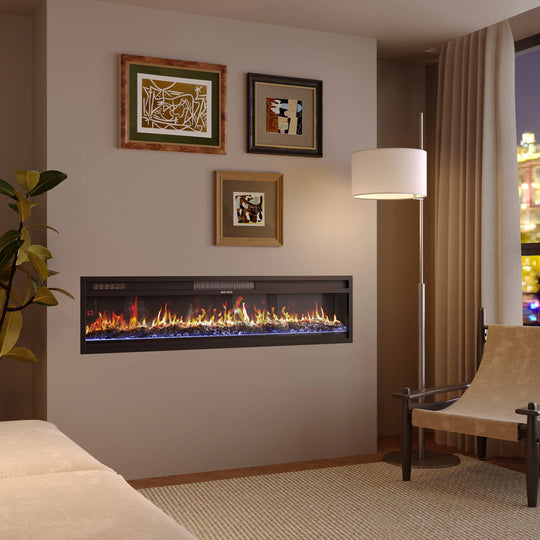 Modern Black Fireplace TV Stand Combo,Remote Fireplace Heater,2 Drawers,Light Strip & USB