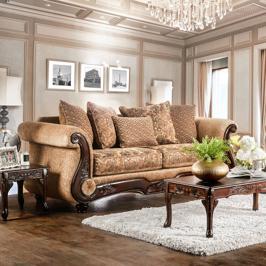 Traditional Tan Chenille Upholstered Rolled Arms Sofa by