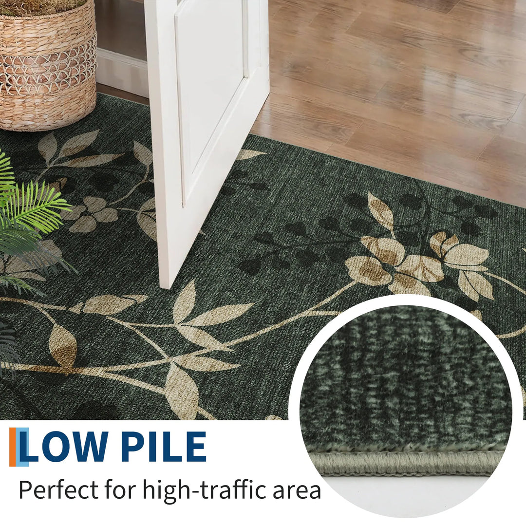 Modern Leaves Pattern Area Rug Botanical Print Washable Rugs for Living Room Bedroom Non-Slip Low Pile Floor Carpet