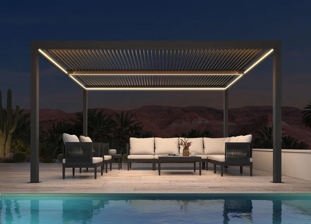 Led Louvered Pergola Full Aluminum Frame and Adjustable Roof Integrated Strip Lights for Outdoor Patio Gray Hardtop Gazebo Pergola