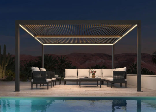 Led Louvered Pergola Full Aluminum Frame and Adjustable Roof Integrated Strip Lights for Outdoor Patio Gray Hardtop Gazebo Pergola
