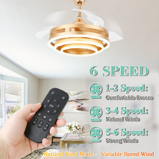 42In. DIY Shape Retractable Ceiling Fan with Lights, 6-Speed DC Motor Modern Ceiling Fan with LED Light and Remote