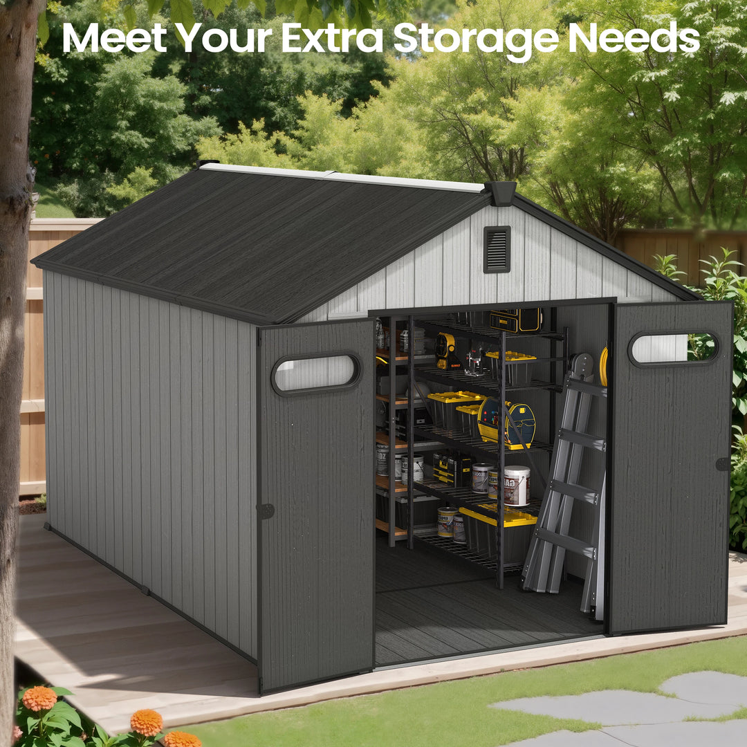 8X8/8X10/8X12 FT All-Weather Outdoor Resin Lockable Storage Shed with Windows Floor for Patio Furniture and Tools