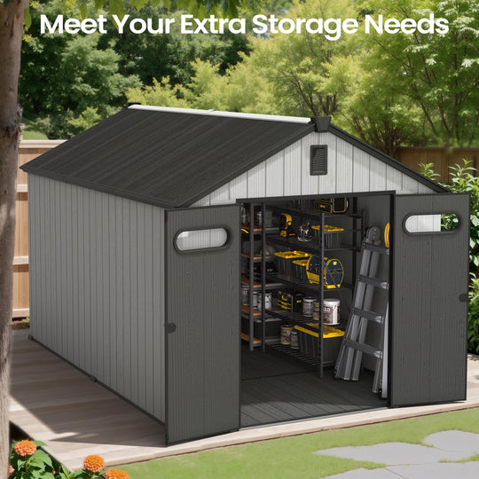 8X8/8X10/8X12 FT All-Weather Outdoor Resin Lockable Storage Shed with Windows Floor for Patio Furniture and Tools
