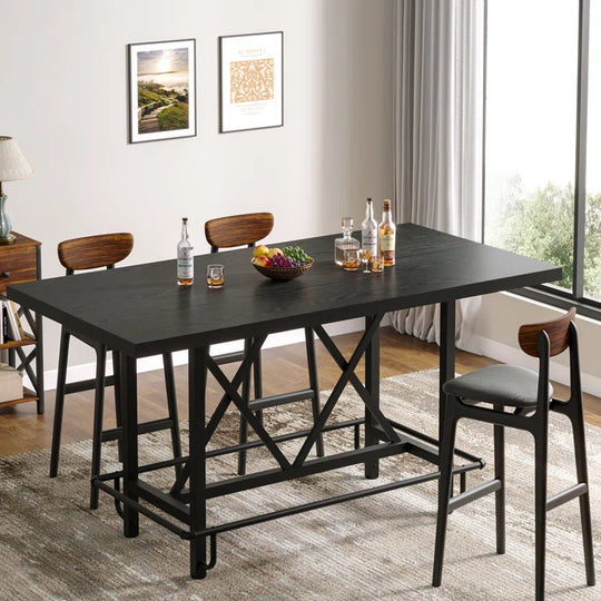 Counter Height Bar Table, 62.99" Long Pub Bar Table with Metal Footrest for Dining Kitchen Breakfast