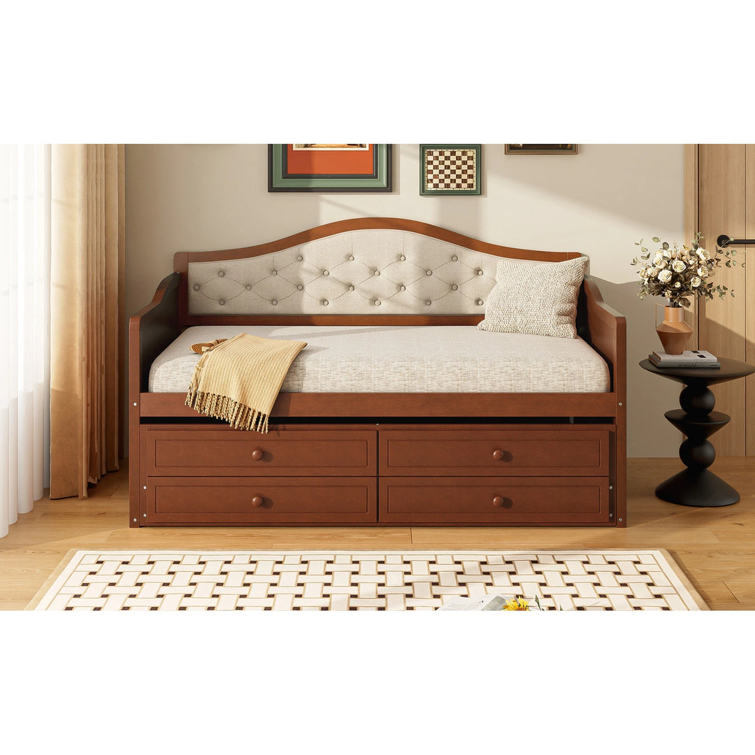 Twin Daybed with Trundle, Twin Size Daybed with 2 Storage Drawers, Wooden Sofa Bed with Upholstered Button Tufted Backrest