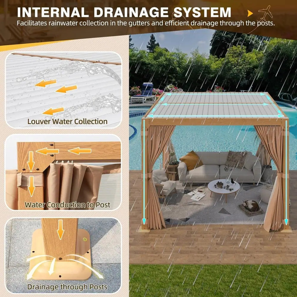 Outdoor Louvered Pergola Gazebo with Adjustable Aluminum Rainproof Roof and Pull-Down Screen