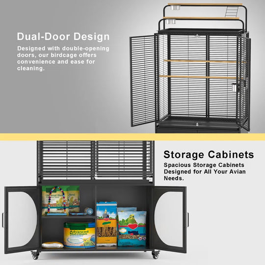 72-Inch Bird Cage with Play Top, Parakeet Cage with Rolling Storage Cabinet Extra Large with Cover