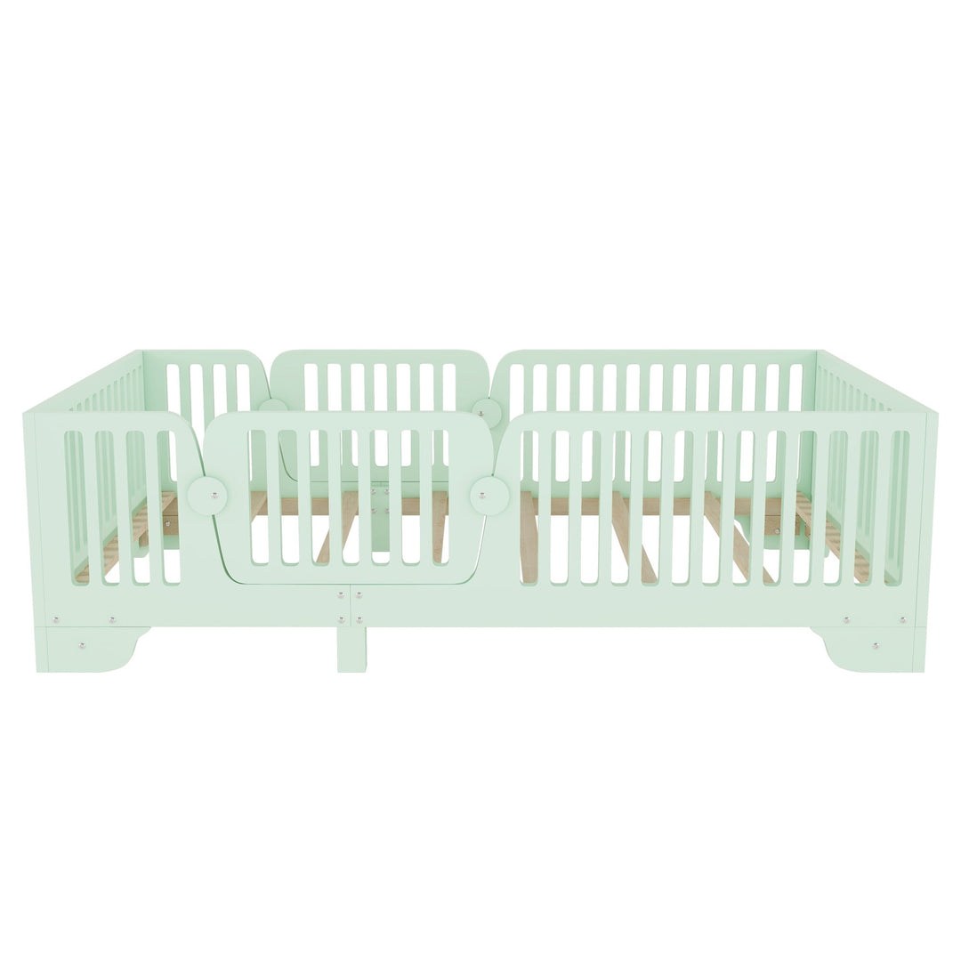 Full Size Montessori Floor Bed Frame with Safety Rails and Removable Door, Low Profile Kids Bed with Slatted Support