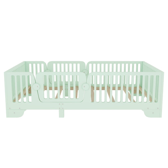 Full Size Montessori Floor Bed Frame with Safety Rails and Removable Door, Low Profile Kids Bed with Slatted Support