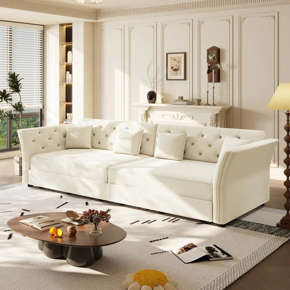 100" Velvet Convertible Sofa Bed with with Fabric Flower Tufted Design